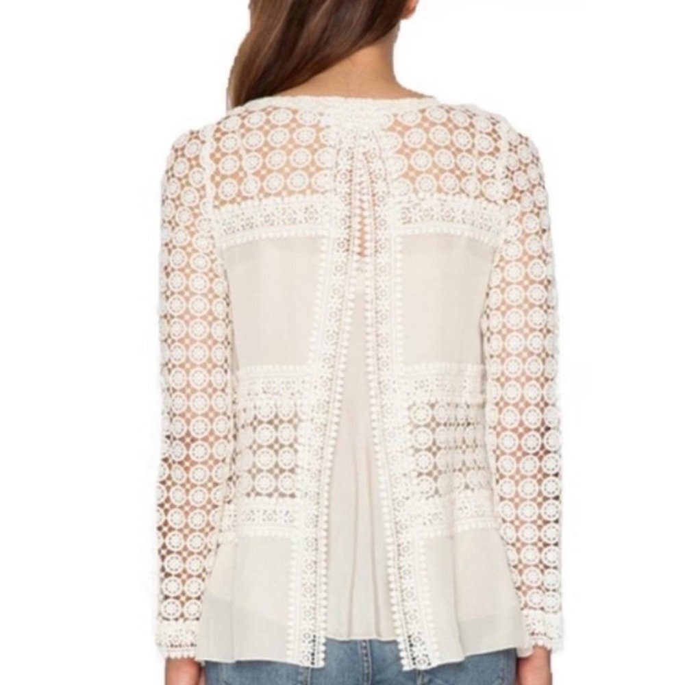 Johnny Was‎ 4LoveAndLiberty Lace Crochet Open Back Long Sleeve Sheer Top Boho XS